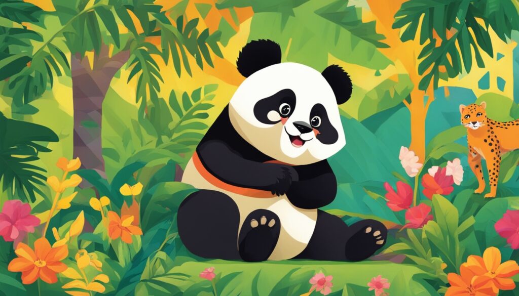 Illustration of a panda sitting among lush greenery with vibrant flowers, while a curious leopard peers from the background—a playful representation of ‘new animal homophone.