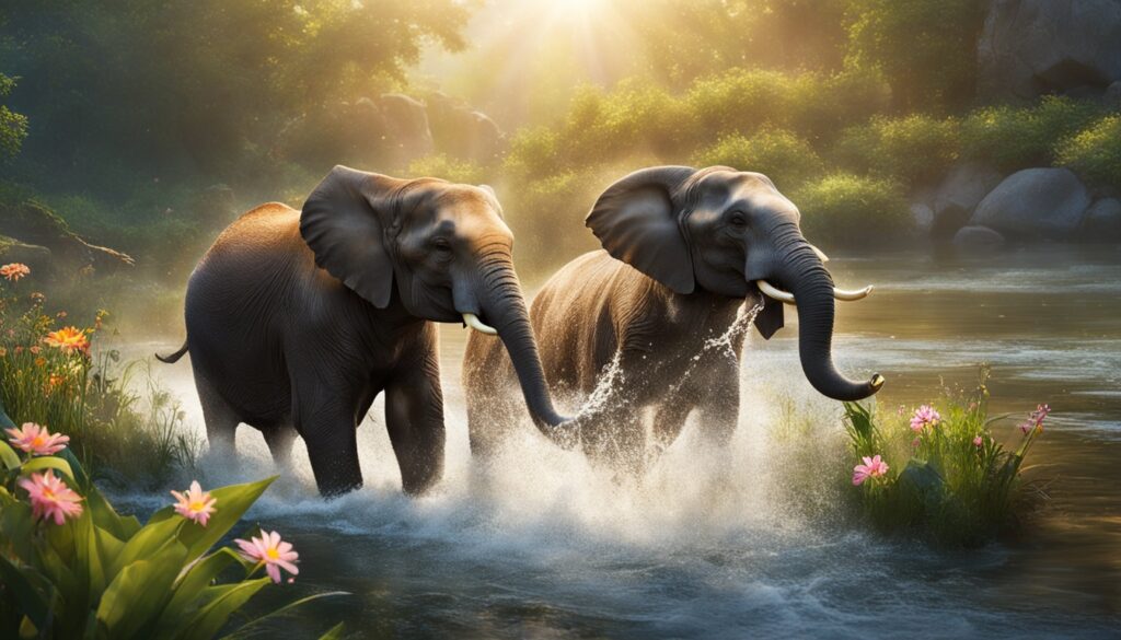 Two elephants wading through a river at sunset, surrounded by greenery and flowers, illustrating new animal homophone concepts in nature.