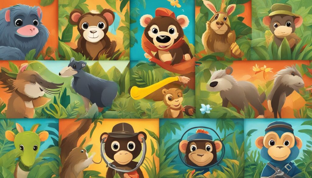 A collection of cartoon animals in a vibrant jungle setting, showcasing diverse species while introducing the idea of a new animal homophone.