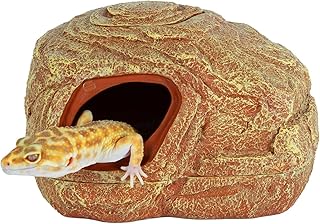 Leopard gecko peeking out from a warm reptile hide with textured surface.